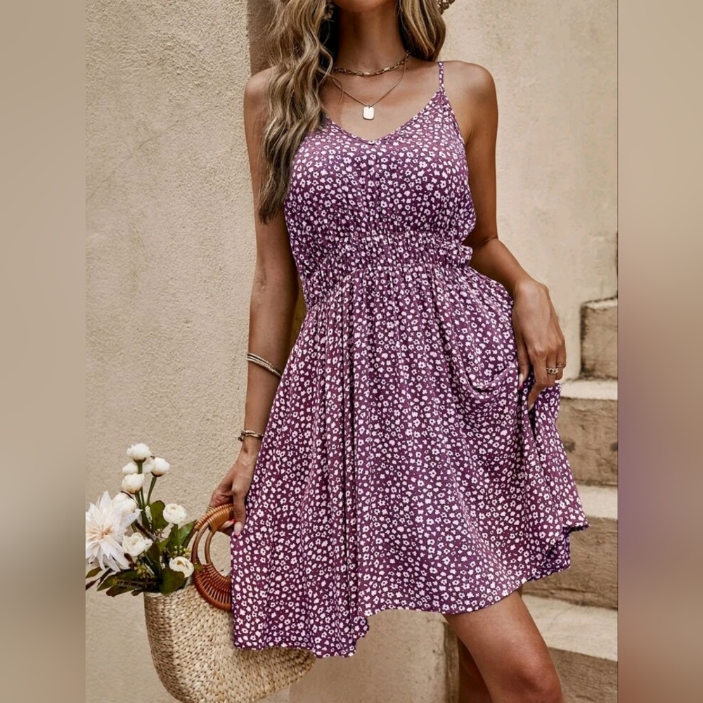 New Boho Floral V Neck Cami Slip Dress Purple White - Picture 3 of 8